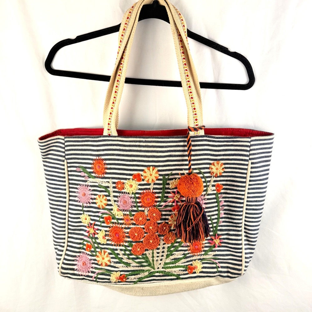 Evelyn K. Large Striped Floral Embroidered Tote Bag Travel Beach Coastal‎
